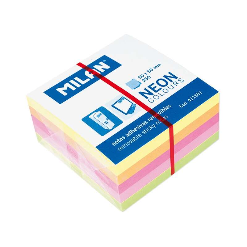 Milan Bloc de 250 Notas Adhesivas Neon Mini - Removibles - Medidas 50mm x 50mm - Colores Surtidos 