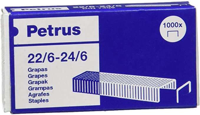 [55723] Petrus Grapas 22/6 Galvanizadas - Hasta 30 Hojas - Caja de 1000 Grapas - Patilla de 6mm 