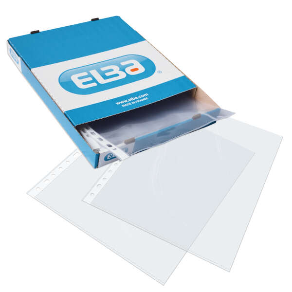 Elba Pack de 100 Fundas Multitaladro PP 70 Micras - Tamaño Folio - Acabado Cristal - Transparente 