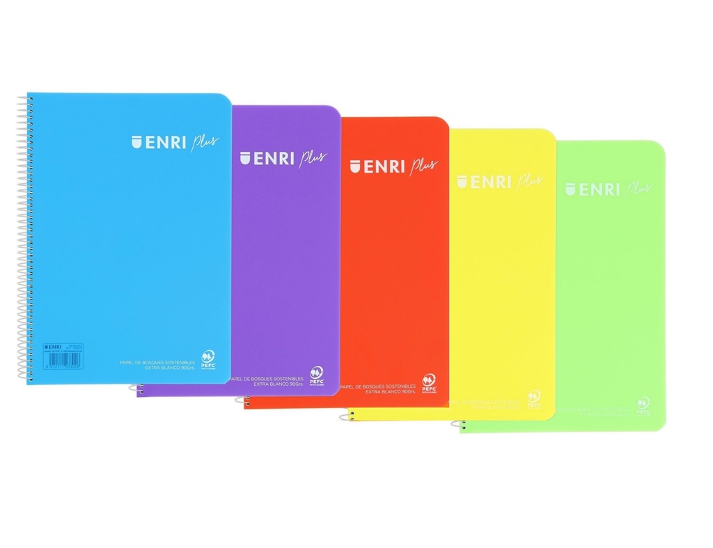 [400133587] Enri Plus Cuaderno Espiral Formato Folio Pautado 3.5mm - 80 Hojas 90gr con Margen - Cubierta de Plastico - 5 und. (Varios colores)